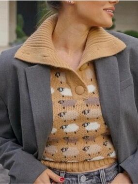 Zara Tan Sheep Pattern Button-Up Knit Sweater